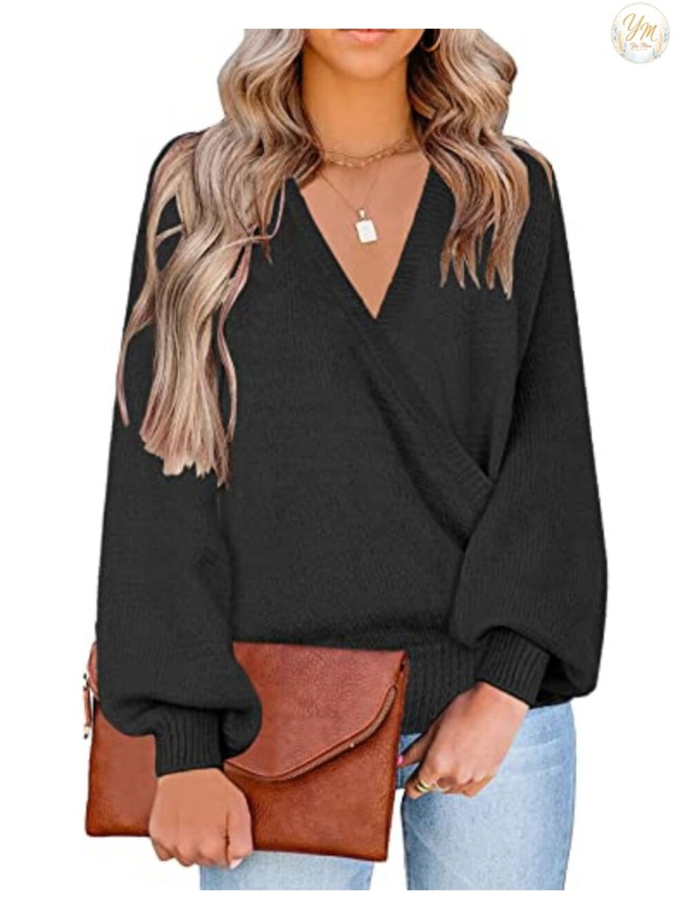 Faux Wrap Surplice V Neck Long Sleeve Knit Pullover Sweater